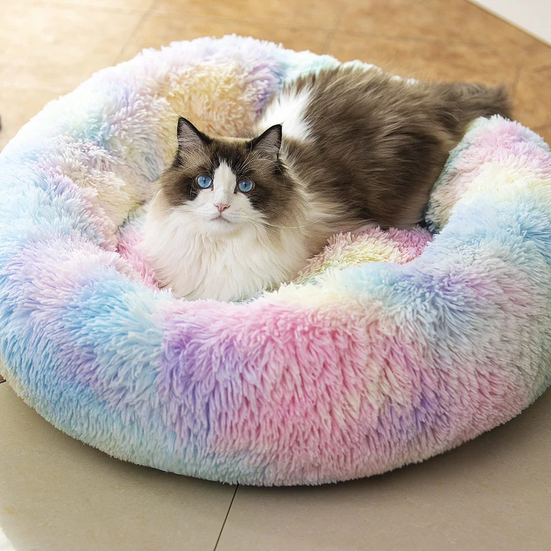 Raimaiso lit rond anti anxiete en peluche – Panier doux pour chiens et chats (20, 24, 27 pouces)