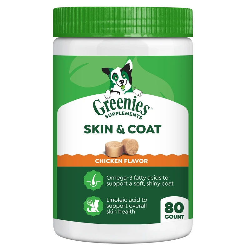 Greenies Skin & Coat — Compléments pour peau et pelage des chiens | Oméga-3, huile de poisson, saveur poulet, 14,7 oz / 80 bouchées