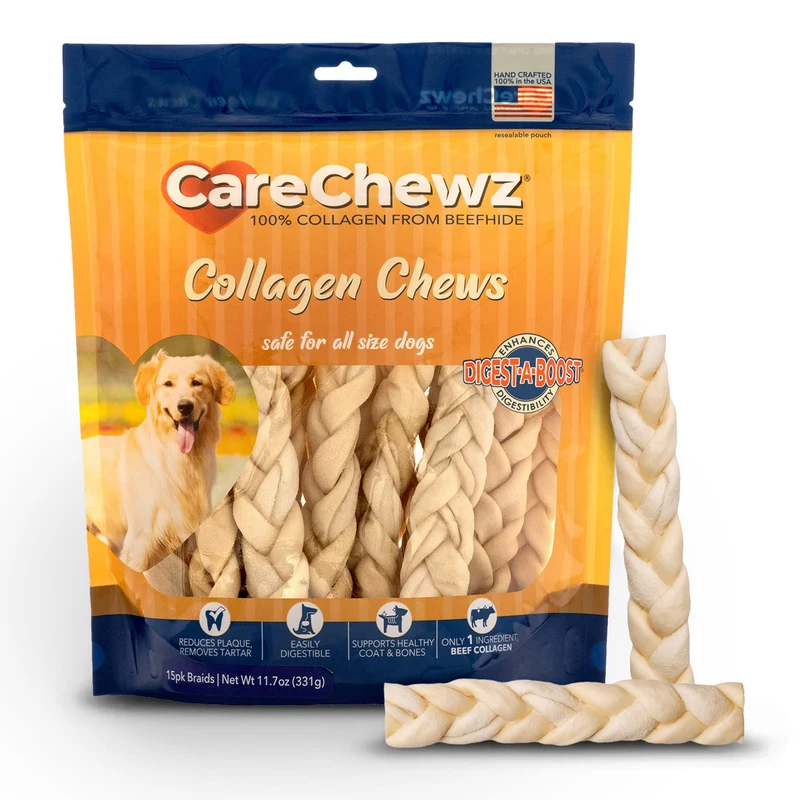 Pet Factory CareChewz Bâtons braides au collagène 6-7 po – Saveur naturelle, 15 pièces/1 paquet