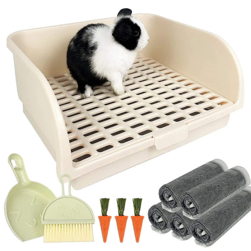 Yuoaes Boîte à Litière pour Lapin avec Grille – Grand Bac Toiletteur Multi-Animaux (Crème)
