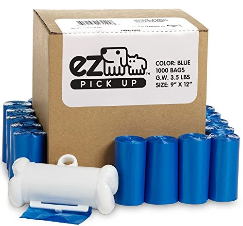 EZ PICK UP – 1000 Sacs-poubelle pour chien, distributeur inclus, bleu 9x12, 50 rouleaux