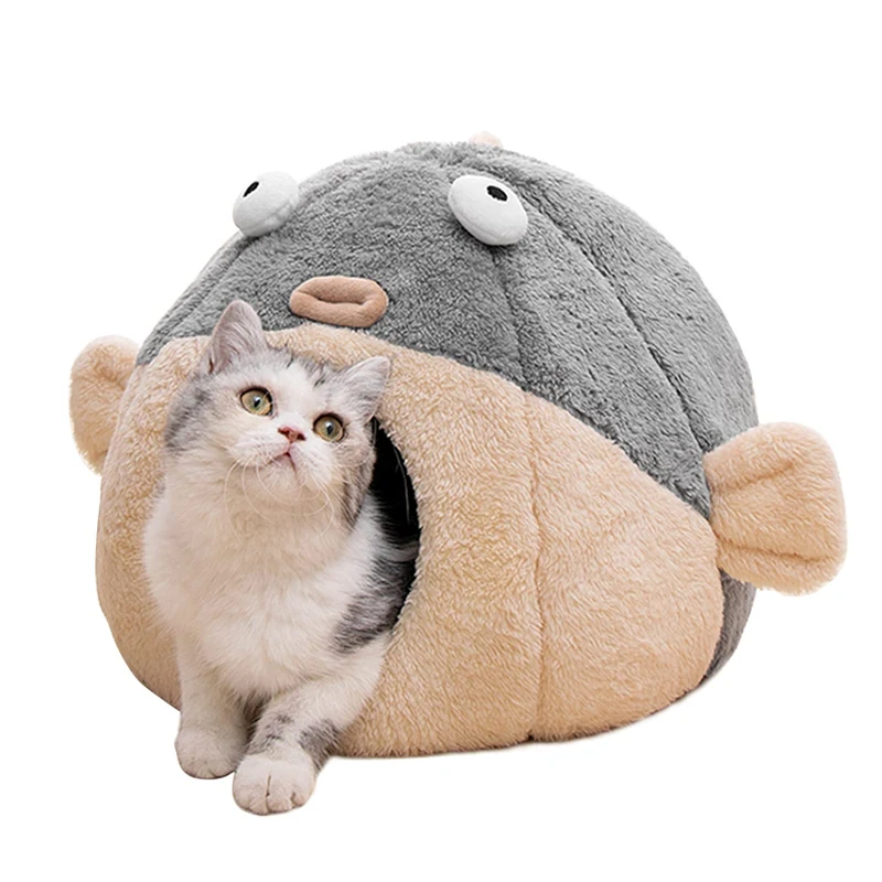 Lcybem – Lits pour chats d’intérieur : cabane-poisson, coussin lavable, coton premium, gris, tailles multiples