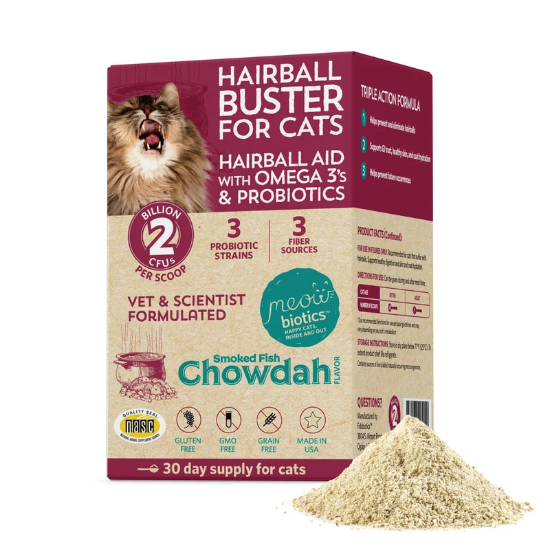 Fidobiotics Meowbiotics Hairball Buster Poudre pour Chats – Probiotiques 2 Md CFU, Saveur poisson fumé chowder, 30 portions