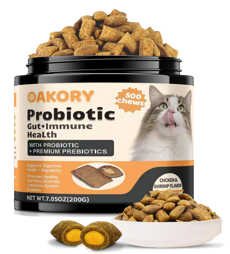 Oakory Cat Probiotics Tasty Chews – 500 Friandises au Poulet, Texture Double et Omega-3