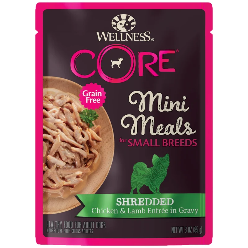Wellness CORE Nourriture humide sans céréales pour petits chiens — émincé poulet et agneau dans gravy (sachet 3 oz, lot de 12)