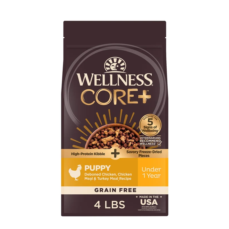 Wellness CORE+ Chiots – Croquettes Sans Céréales à Haute Protéine avec Morceaux Lyophilisés de Dinde et Poulet, Sac 1,8 kg