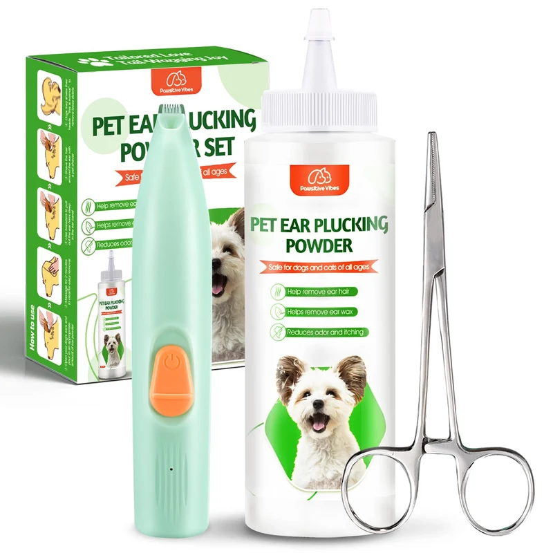 Kit Soin Oreilles Pawsitive Vibes – Poudre 30 g, Tondeuse LED Silencieuse et Pince 5,5 po pour Chiens et Chats