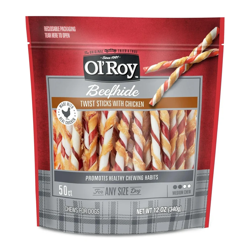 Ol-Roy Bâtons Rawhide Torsadés au Poulet – 50 sticks, 12 oz, Friandises longue durée pour chiens