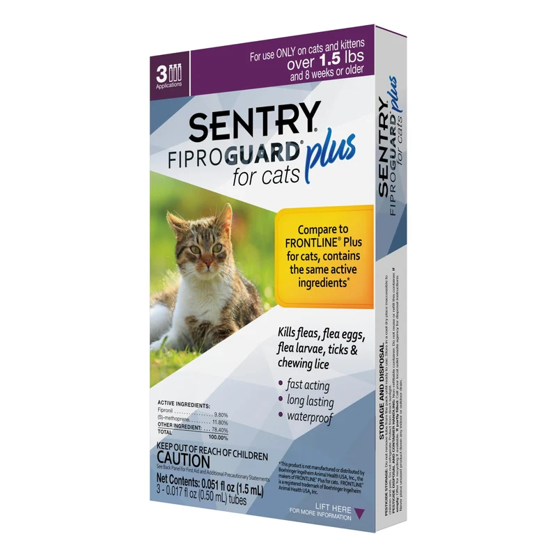 SENTRY FIPROGUARD Plus pour Chats – Prévention Puces et Tiques, 3 Mois, À partir de 0,68 kg