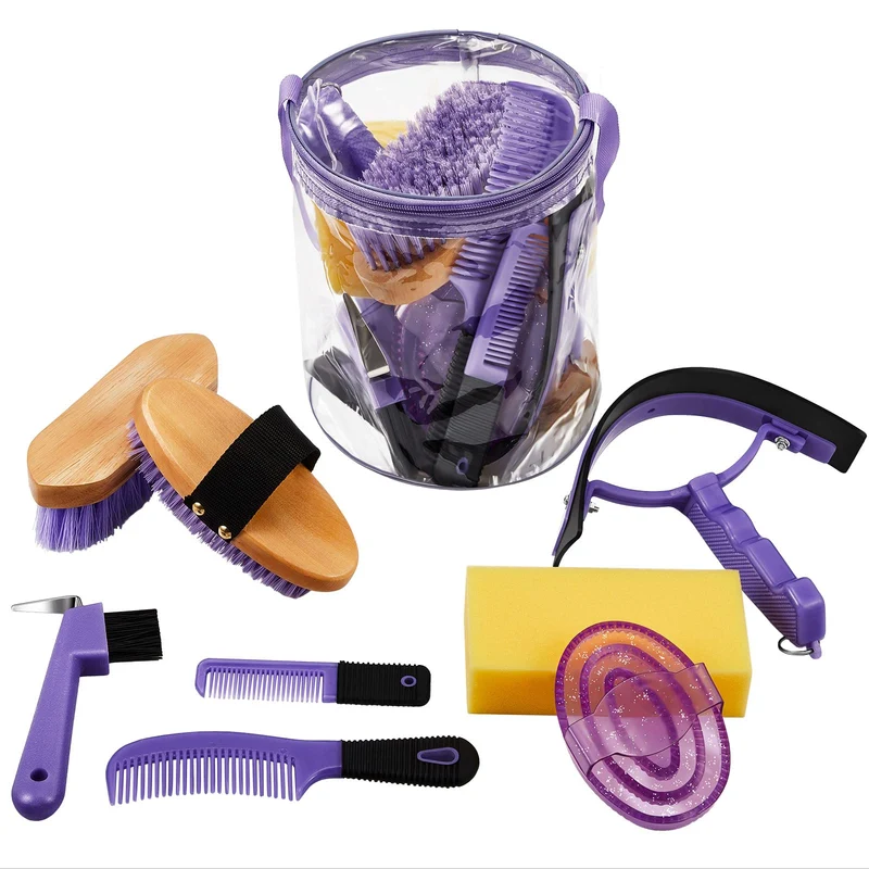 Kit soins cheval Cunhill 9 pièces – Trousse, Brosses, Éponge, Peignes (Violet)