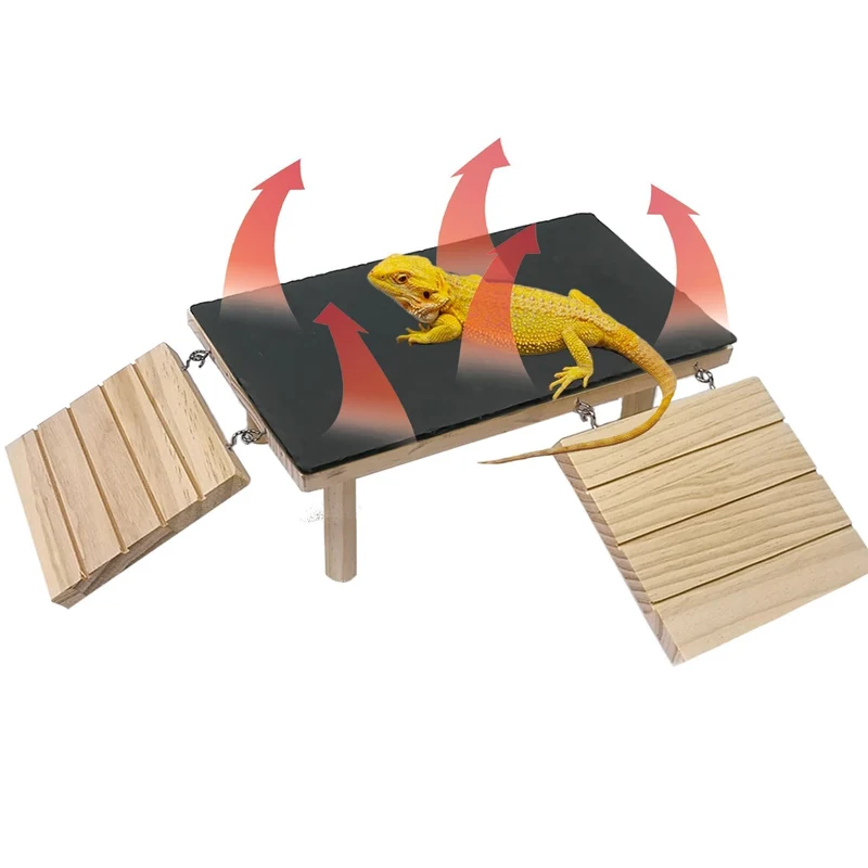 Gxsdj Plateforme de basking pour reptiles en bois – Caverne, stockage de chaleur et rampe (6×11.8×3.9 pouces)