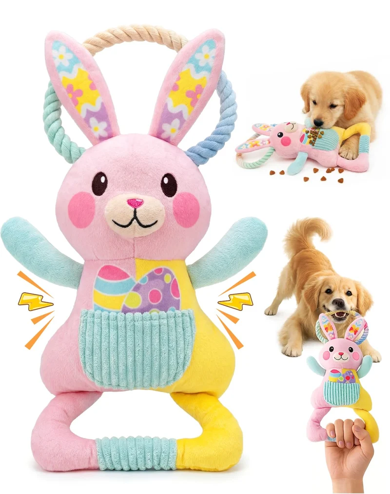 Swooflia Lapin de Pâques — Jouet Tir et Siffleur pour Chiens Petits et Moyens avec Poignée Longue
