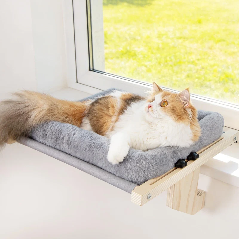 Famifit Perchoir de Fenêtre pour Chat — Cadre Pin Naturel, Coussin Fourrure, Réglage Sans Outil, Charge 40 lb (Gris Moyen)