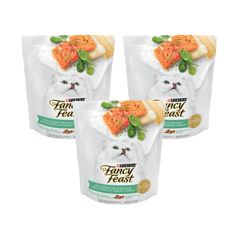 Fancy Feast Purina – Croquettes sèches pour chat au poisson océanique et saumon – Sac de 16 oz (pack de 3)