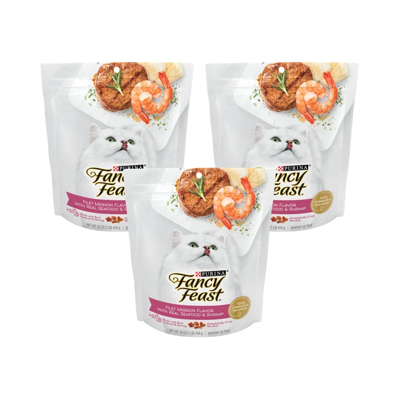 Fancy Feast Purina – Croquettes sèches Filet Mignon avec Fruits de Mer et Crevettes, 16 oz (lot de 3)
