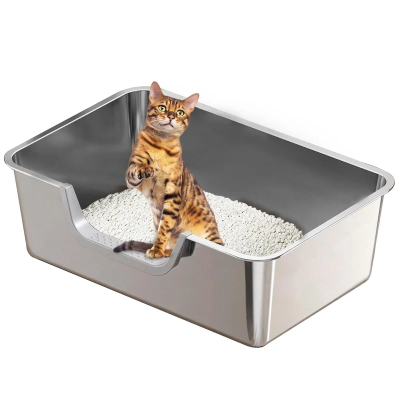 Tondid Boîte Litière Chat en Acier Inoxydable — Entrée Basse Courbée, Hauteur 6 pouces, Anti-glisse, 17,7 × 13,8 × 6 po, Argent