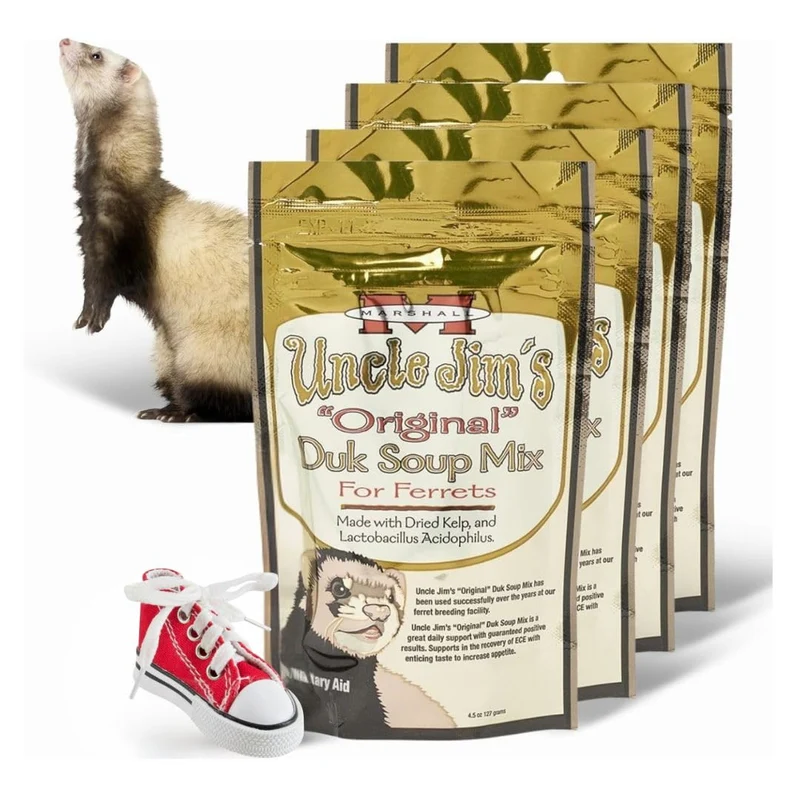 Marshall Uncle Jim’s DUK Soup Mix pour Furets – Soutien Digestif & Récupération (Pack de 4 + 2 jouets)
