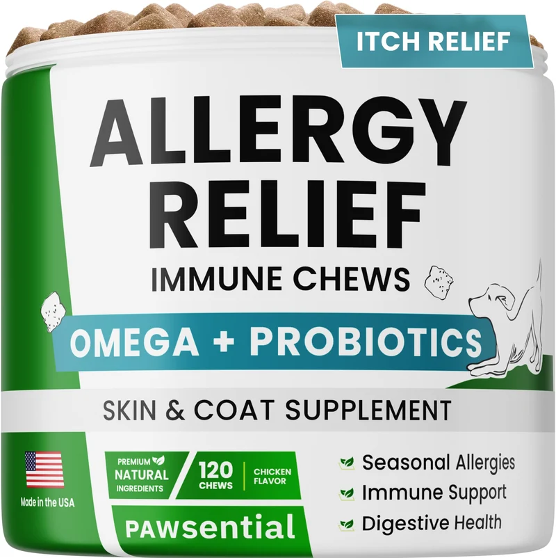 PAWSENTIAL Bouchées Allergie Chiens – Anti-Demangeaisons, Probiotiques & Omega 3 – Saveur Poulet – Fabriqué aux États‑Unis