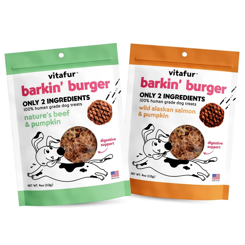 Vitafur Barkin Burger – Friandises Léger pour Chien, Boeuf & Citrouille + Saumon & Citrouille, Lot 2x4 oz, Sans Cereales, Qualité Humaine