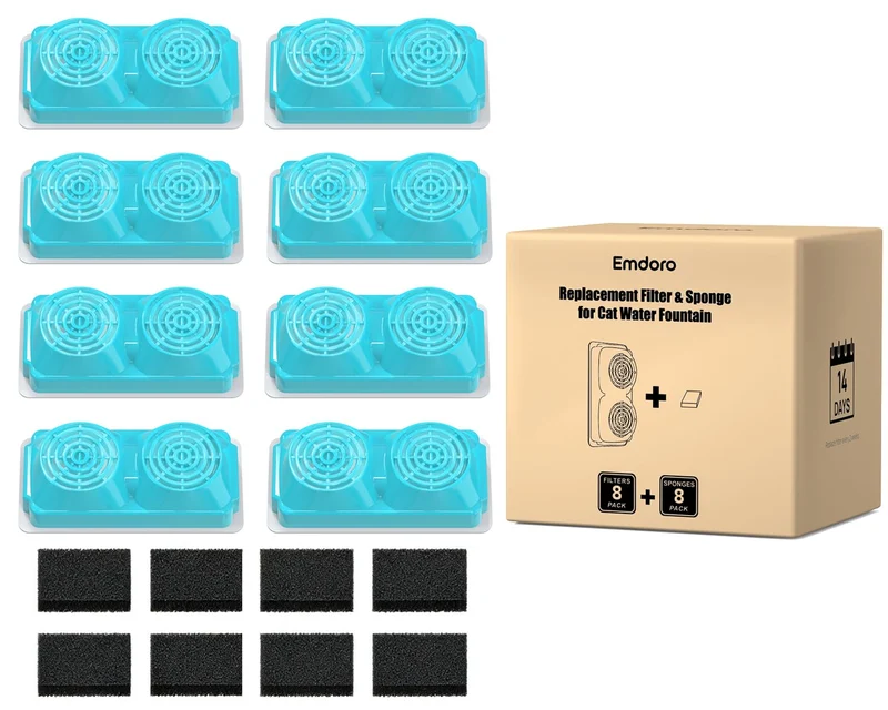 Emdoro – Pack officiel 8 filtres et éponges de remplacement pour fontaine chat 3,2 L inox (4 mois)