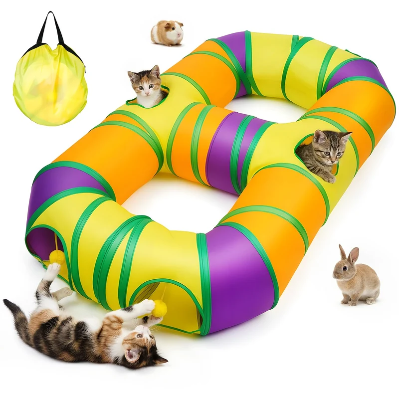 GUSTYLE Tunnel pour Chat Intérieur – Forme 8, Pliable, Pom-poms et Ouvertures Interactives