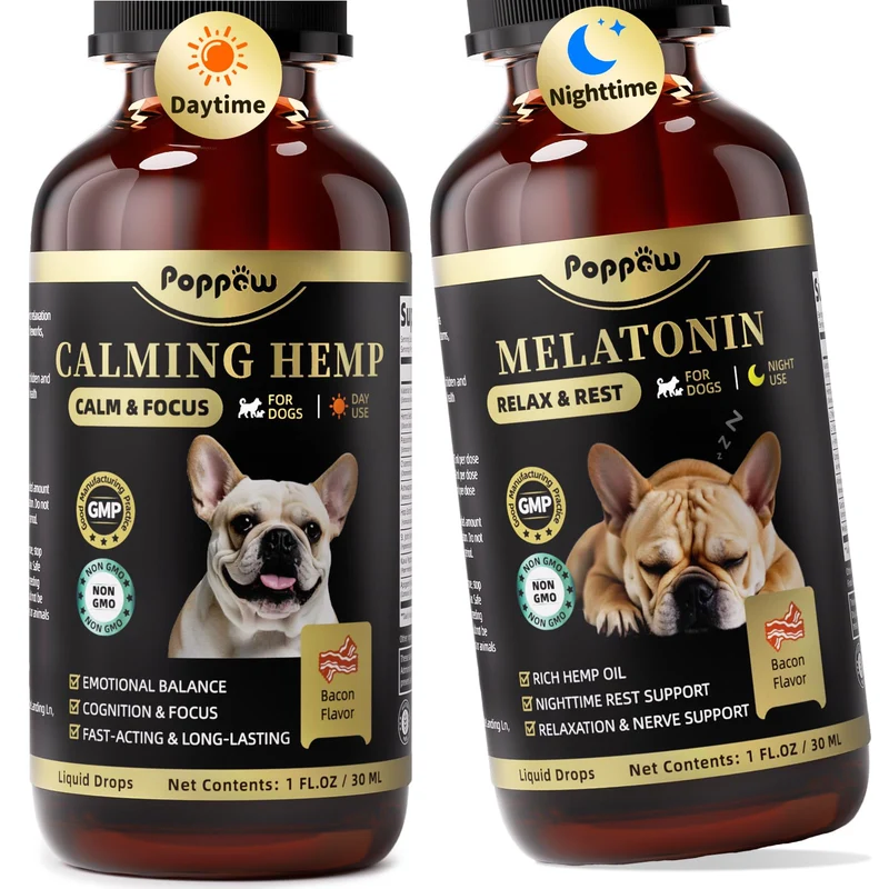 POPPAW Gouttes calmantes au chanvre et mélatonine pour chiens – Jour et Nuit, anxiété, stress et sommeil, saveur bacon, 60 ml
