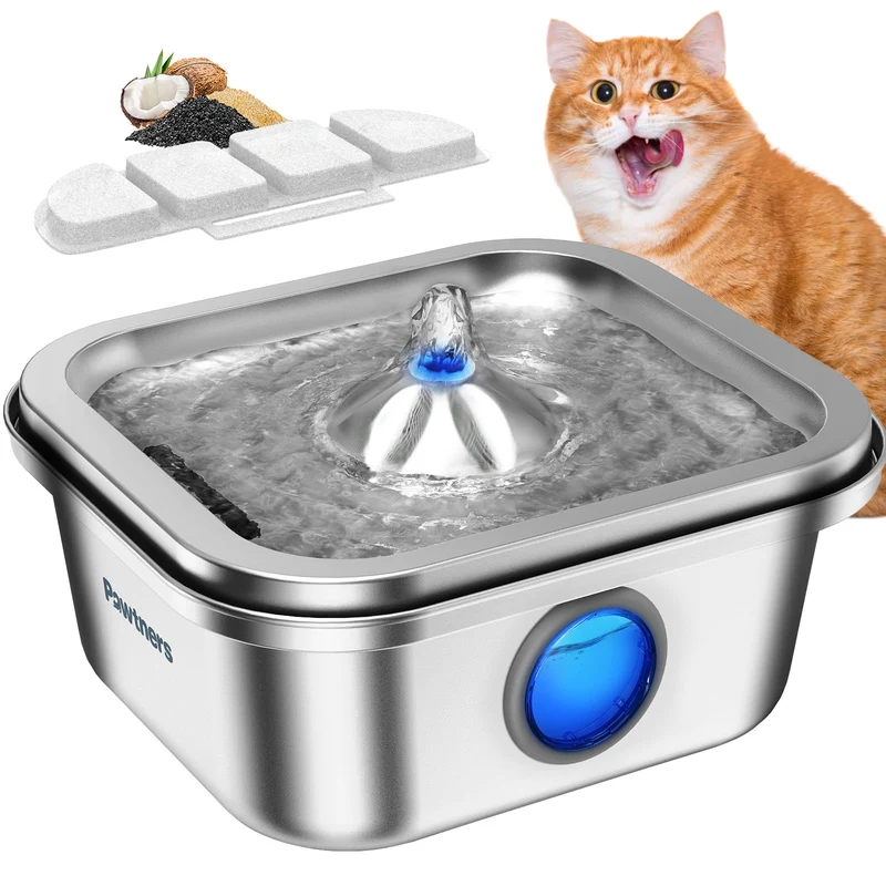 Fontaine d’eau Pawtners en acier inox 304 – 4L, filtration quadruple et pompe silencieuse
