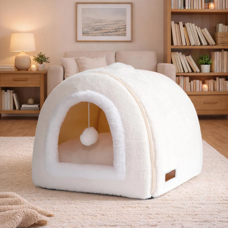 OMIVIER Lit pour Chat 2-en-1 : Cabane Convertible, Douillet et Anti-Glisse
