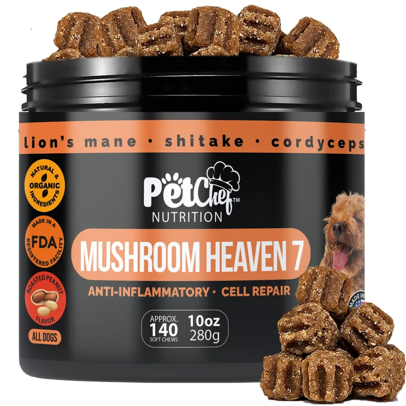 Pet Chef Nutrition — Bouchées pour Chiens à Base de Champignons Queue-de-dinde (7 Variétés: Crinière de Lion, Ganoderme Rouge, Maitake, Shiitake, Cordyceps, Chaga, Reishi), 140 bouchées Bio et Naturel