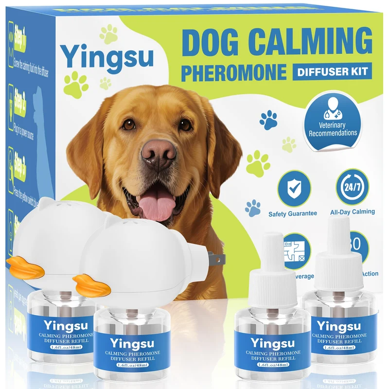 Yingsu Diffuseur Apaisant pour Chien – 6 en 1, Phéromones, Pack 2 Diffuseurs + 4 Recharges (48 ml)