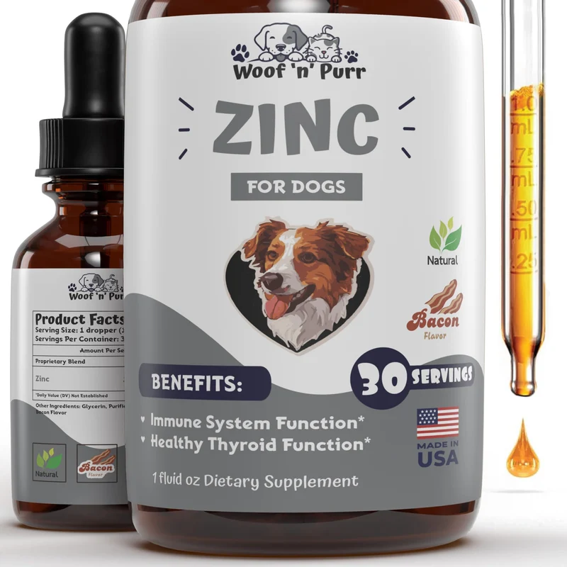 Zinc pour Chiens – Woof n Purr – Soin peau et pelage, immunité – Saveur bacon – 30 ml