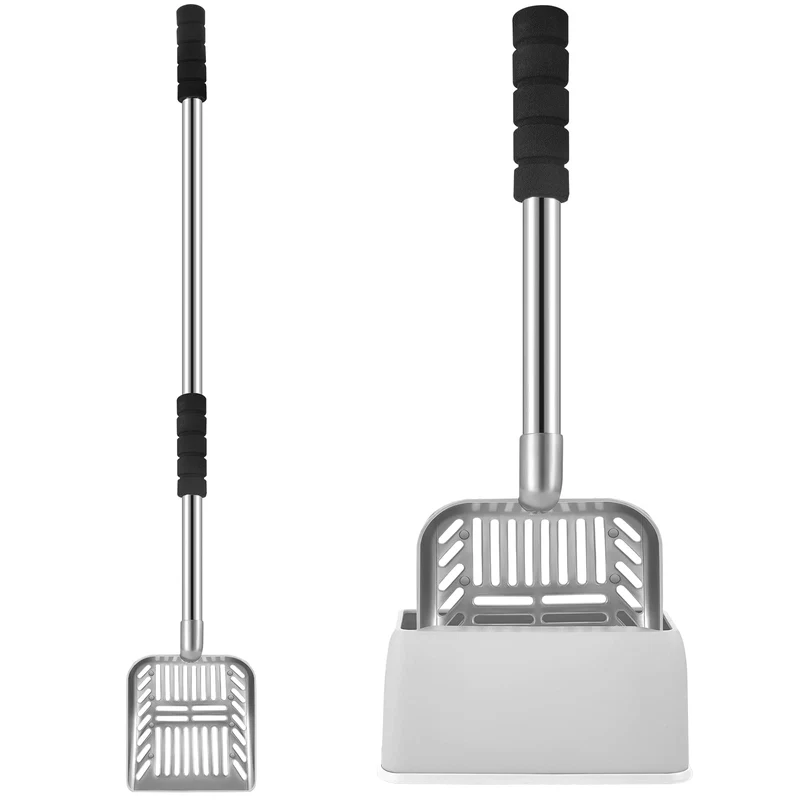 Hortsun Pelle à litière pour chat 32 po – Manche long en métal, porte-pelle et tamis en inox, Gris