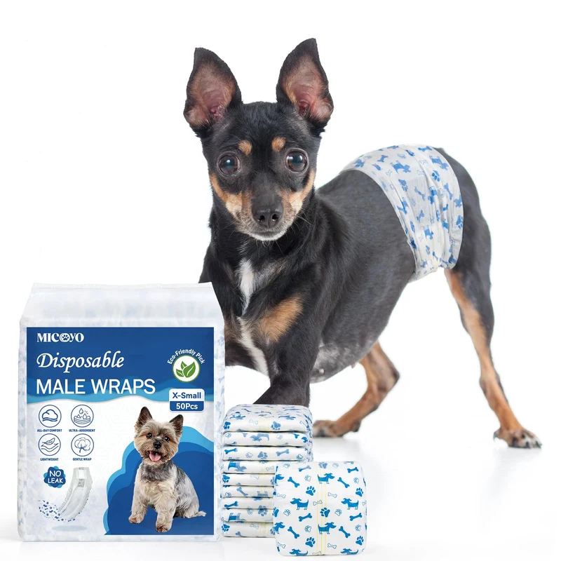 MICOOYO Couches jetables pour chien mâle – Absorbantes, anti-fuite, indicateur d’humidité (XS, 50 unités)