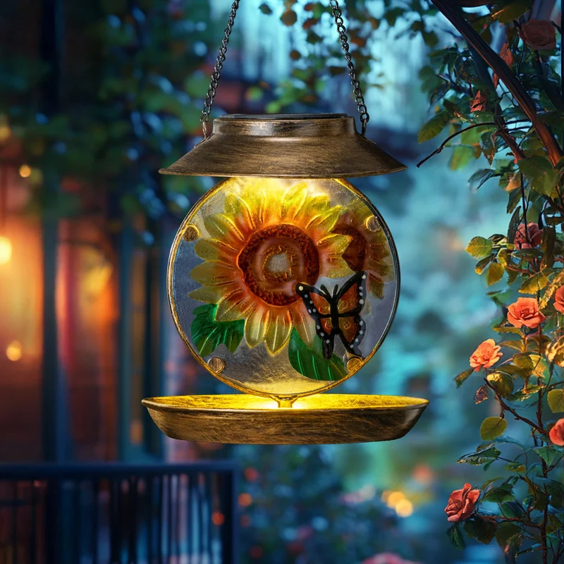 VESTCDF Mangeoire solaire pour oiseaux – suspendue, LED, métal étanche, décor jardin