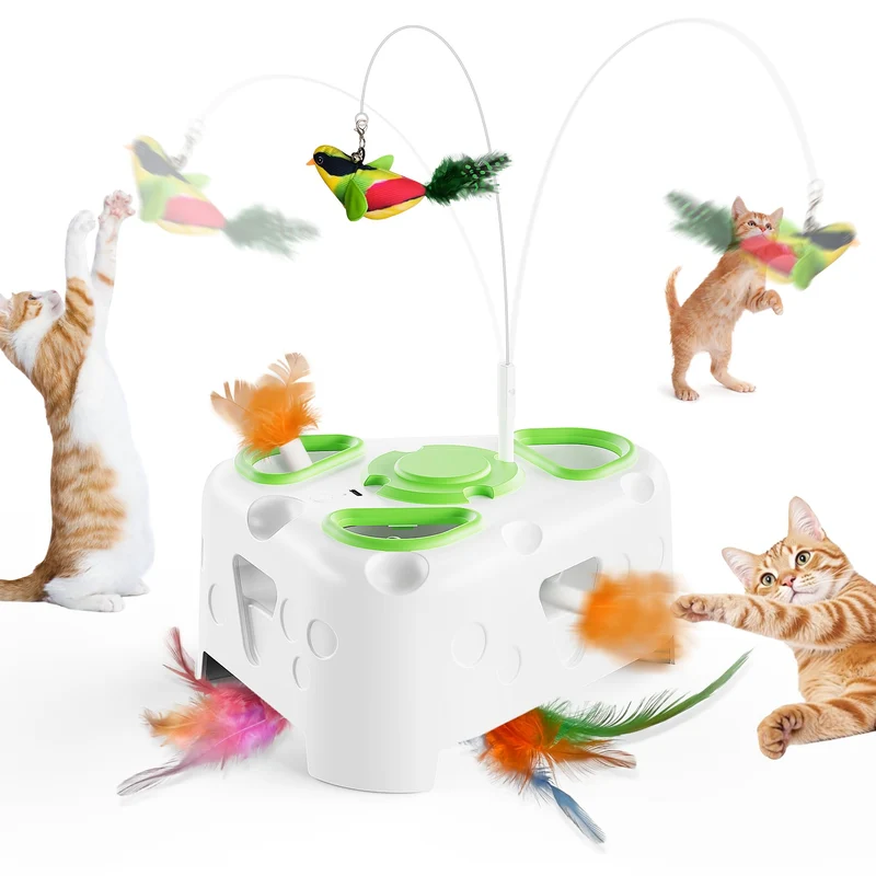 PANRIO 3-en-1 : Jouet interactif pour chats d’intérieur – plume tournante, oiseau volant et fouille à 6 trous
