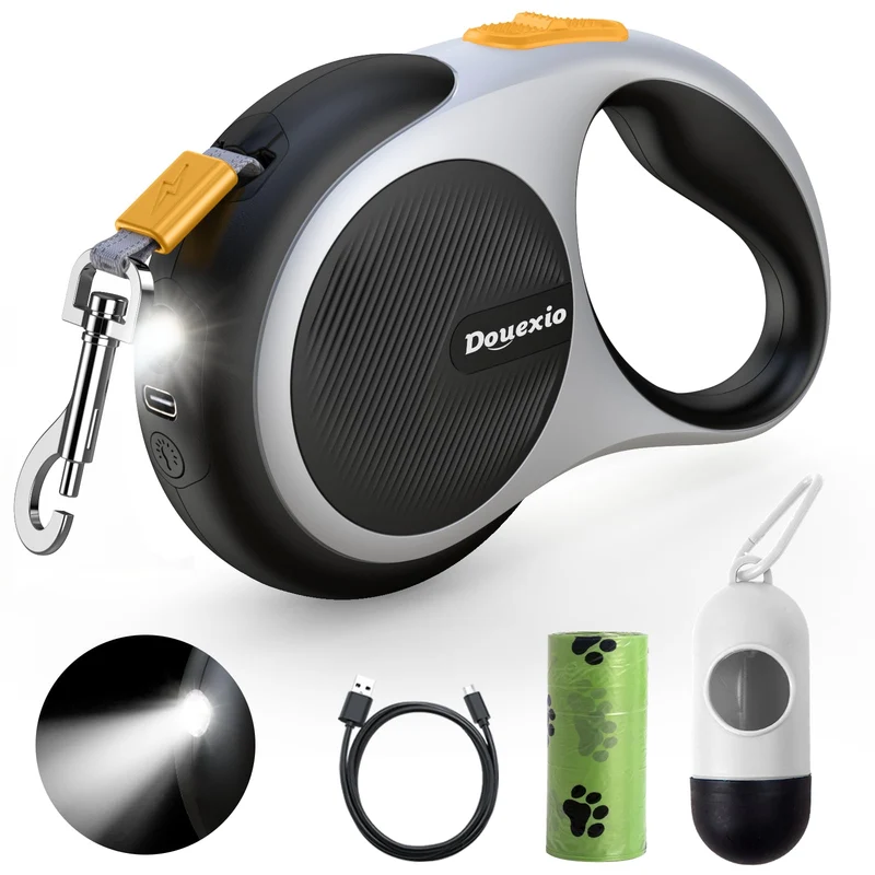 Douexio Laisse rétractable 3 en 1 avec LED – 16 ft, jusqu’à 30 kg, poignée anti-glisse (Noir-Blanc)