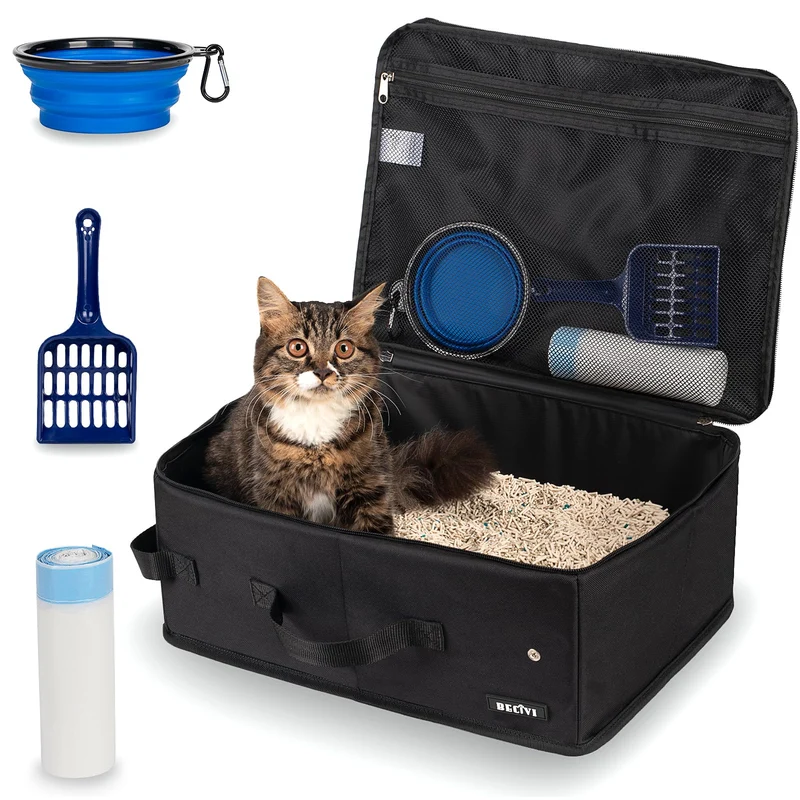 Becivi – Boîte de litière de voyage pour chat, pliable et étanche, 10 sacs jetables – noir