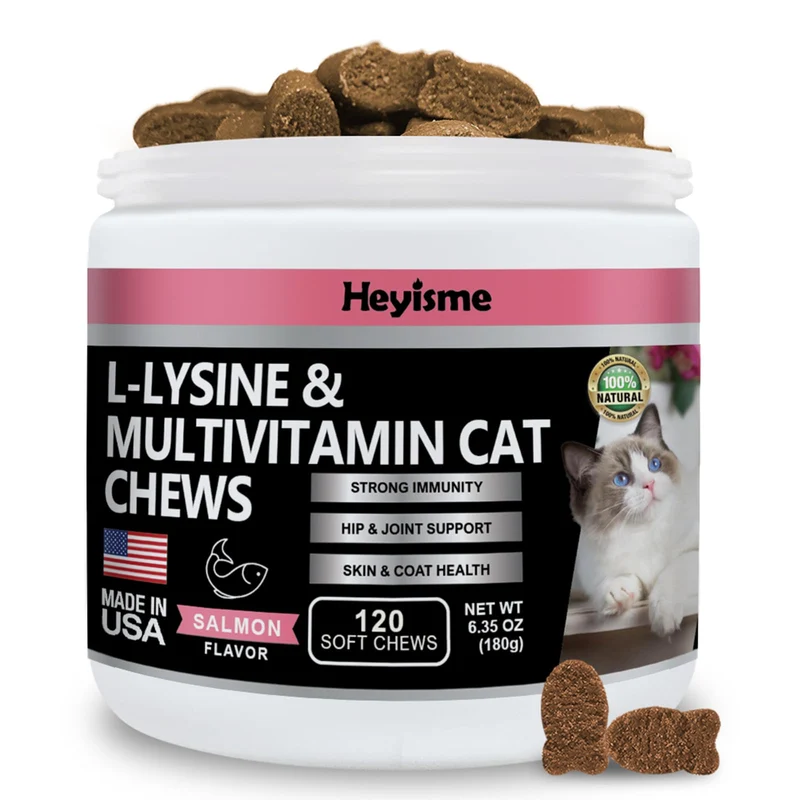 HEYISME Lysine pour Chats – Friandises au Saumon, 120 Comprimés, Soutien Immunitaire et Santé Respiratoire
