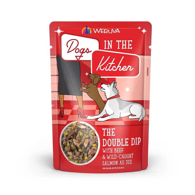 Weruva Chiens dans la Cuisine – Le Double Dip : Boeuf et Saumon Sauvage au Jus, Sachets 2,8oz (Lot de 12) - Rouge