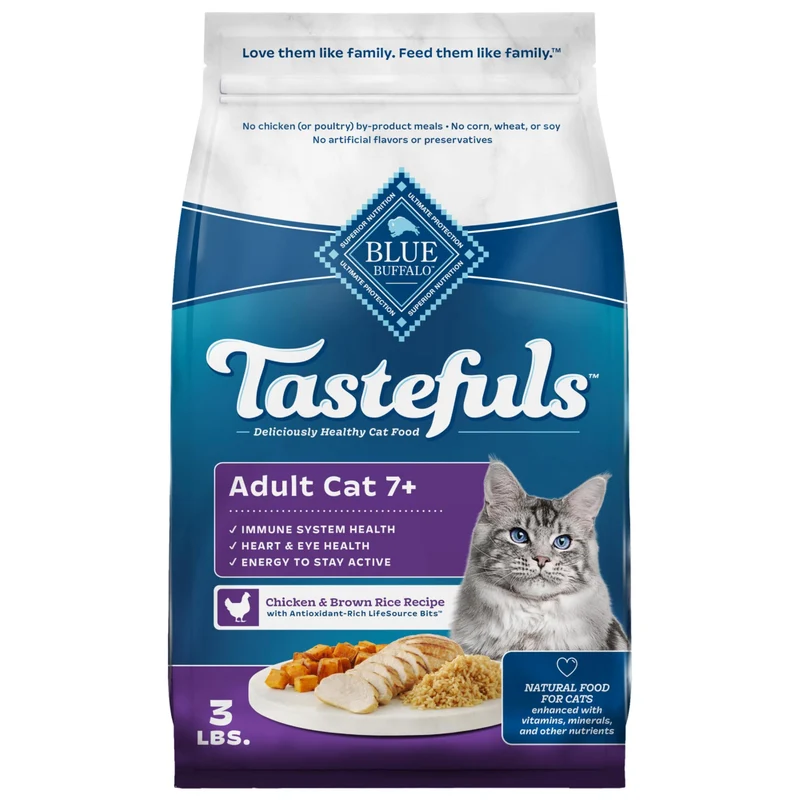 Blue Buffalo Tastefuls Croquettes Matures Chats 7+ — Poulet et Riz Brun, Fabriqué aux États‑Unis, Sachet refermable 3 lb