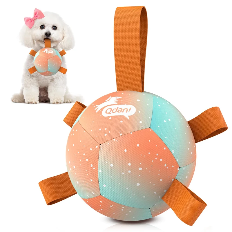 QDAN Balles pour Petits Chiens – Ballon de football canin avec sangles – Jouet premium 12,7 cm Arc-en-Ciel Orange
