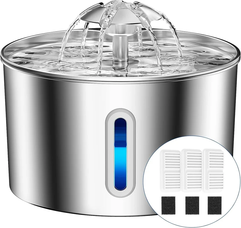 BalimoPet Fontaine d'eau pour chat en acier inoxydable – 2,2 L, silencieuse, filtration triple