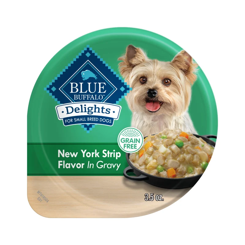 Blue Buffalo Delights Petit Chien – Nourriture humide naturelle Saveur NY Strip en Sauce, Pots de 3,5 oz (12)