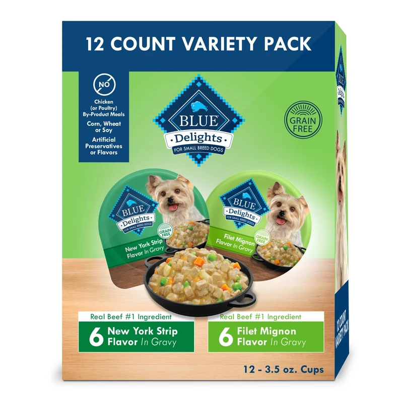 Blue Buffalo Delights — Aliments humides naturels pour petit chien adulte, Filet Mignon et NY Strip en sauce, Pack 12 portions de 3,5 oz