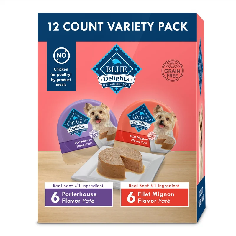 Blue Buffalo Délices - Nourriture humide naturelle pour chiens adultes de petite race, variétés Porterhouse et Filet Mignon, pots de 3,5 oz (12 pots au total, 6 de chaque)