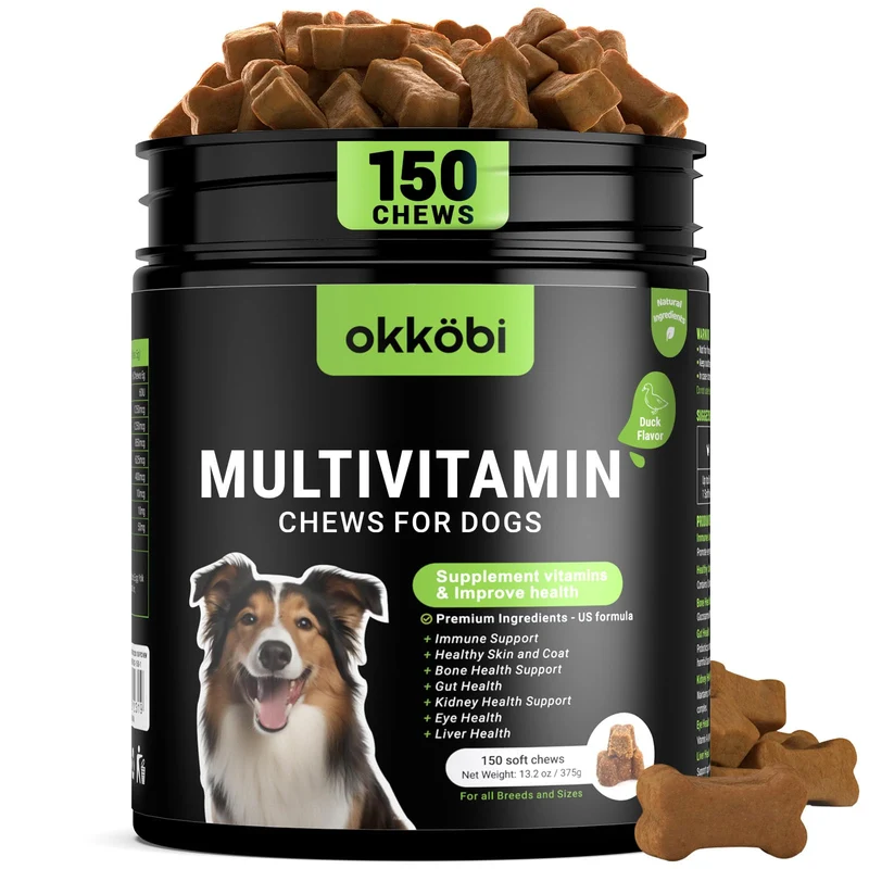 OKKÖBI Chien – Multivitamines en bouchées 150, Saveur canard | Immunité, Articulations, Peau et Digestion