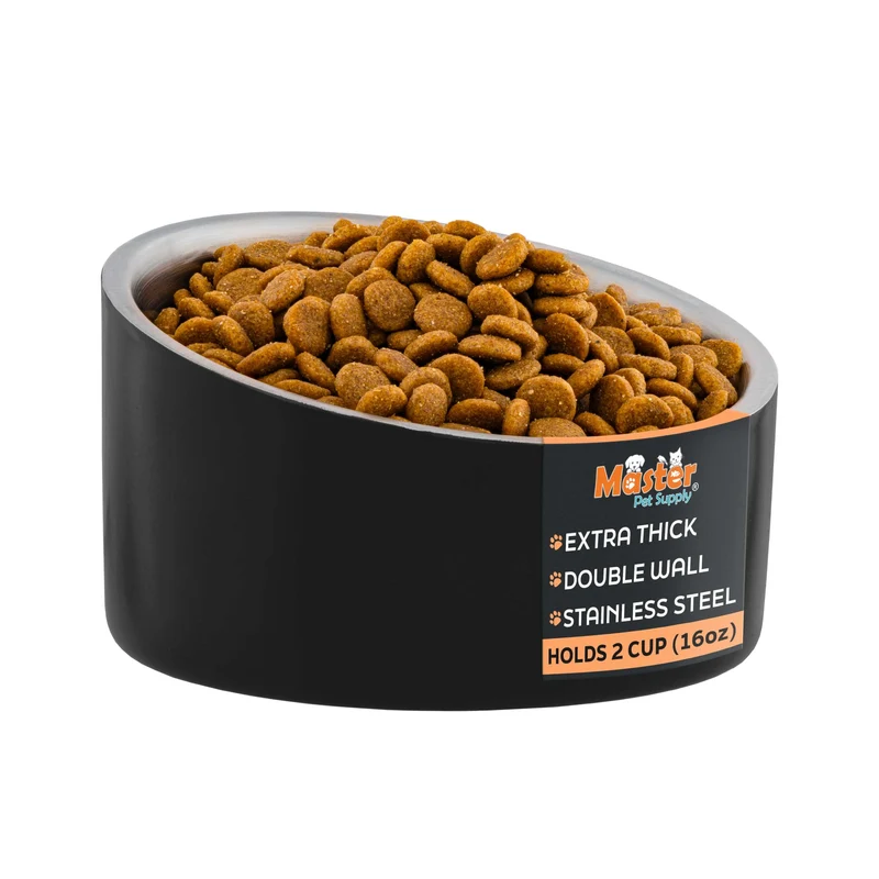 Master Pet Supply Bol Incliné en Inox 16 oz – Double Paroi, Anti-Rouille, Noir Velours