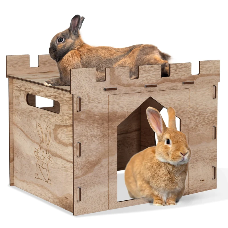 HIIMALEX Grande Maison Lapin Robuste avec Balcon – Hutte en Bois Démontable pour Lapins et Petits Animaux
