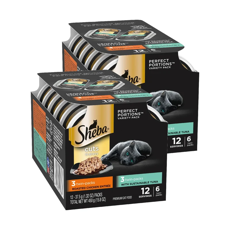 Sheba Portions Parfaites en Sauce pour Chat – Thon ou Poulet, Sans Céréales, Lot de 2 Boîtes (12 Portions)