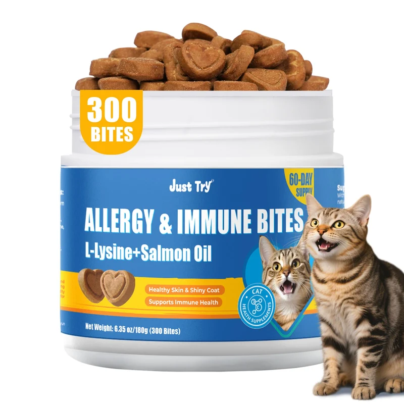 Just Try Bouchées Allergy & Immunité pour Chats – 300 Bouchées, L-Lysine & Quercétine, Santé Peau & Yeux, Sans Cereales